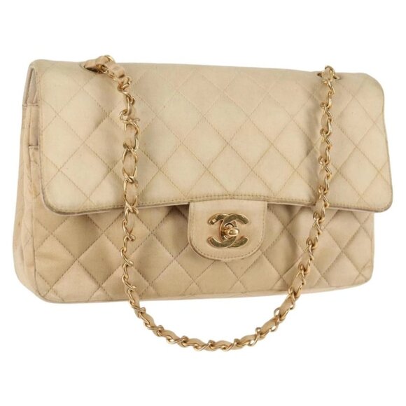CHANEL Matelasse Chain Shoulder Bag Satin Beige Gold CC Auth BD1097 - Picture 1 of 16